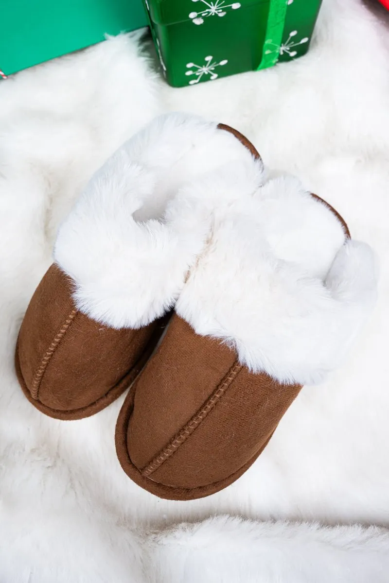 20% OFF! Kick Back And Relax Camel Faux Fur Trimmed Plush Slippers