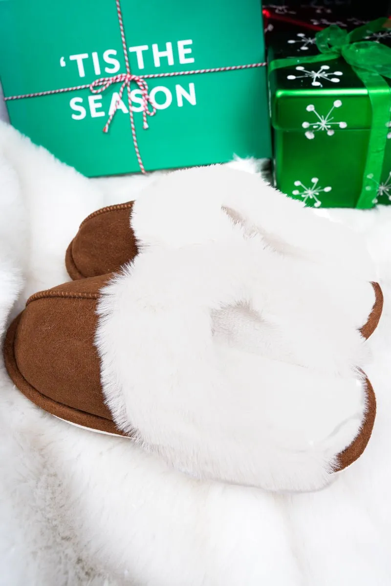 20% OFF! Kick Back And Relax Camel Faux Fur Trimmed Plush Slippers