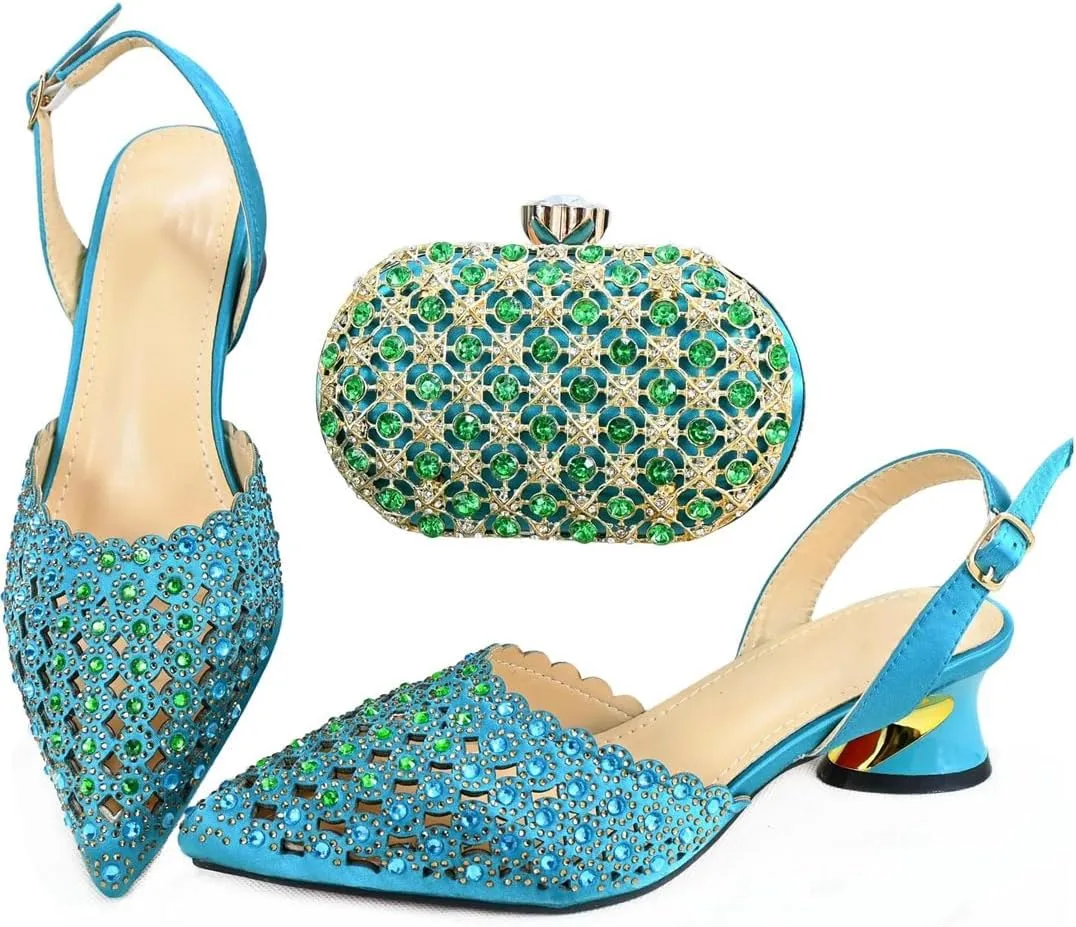 African Shoes and Bag Matching Set Women Italian Thin Heel Buckle Strap Pumps Soft Leather Wedding Shoe Bag Set