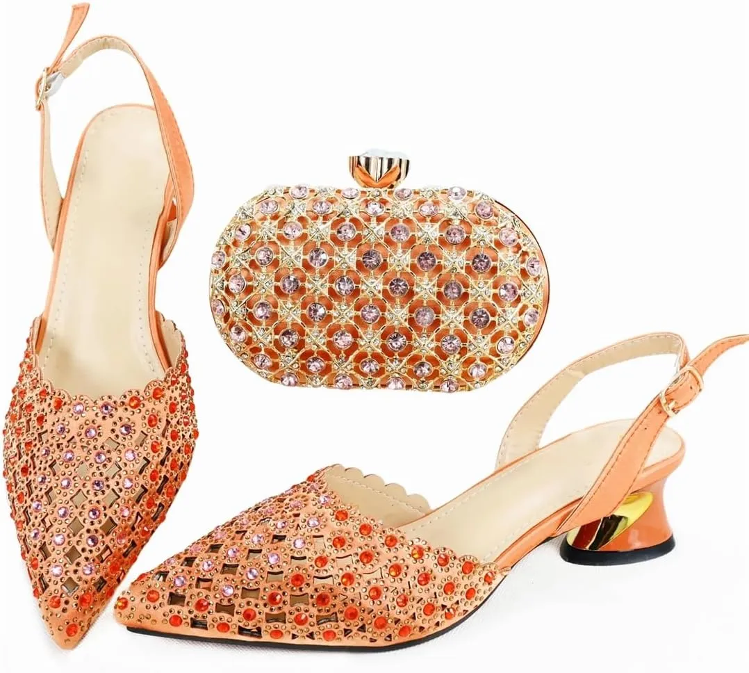 African Shoes and Bag Matching Set Women Italian Thin Heel Buckle Strap Pumps Soft Leather Wedding Shoe Bag Set