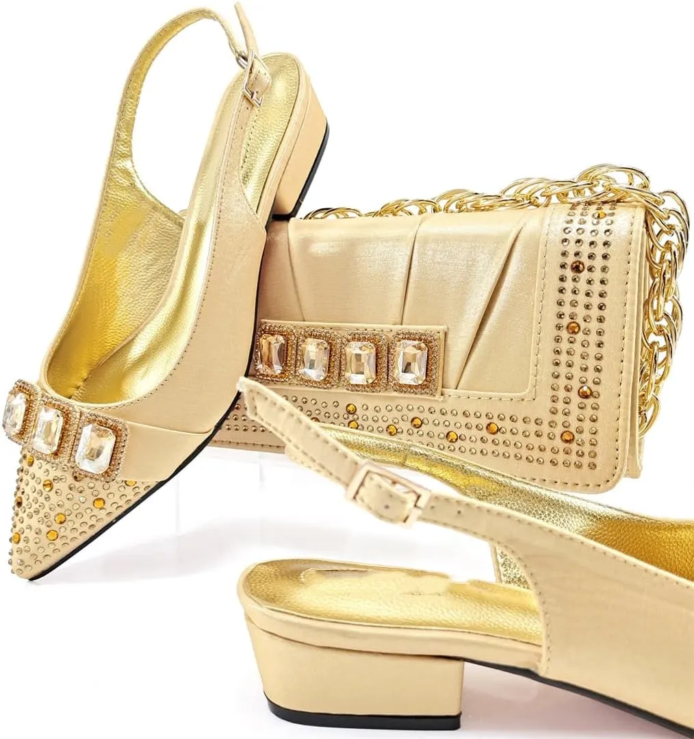 African Style Women Shoes and Bags Set Silver Thin Heel Buckle Strap Pumps Soft Leather Wedding Shoe Bag