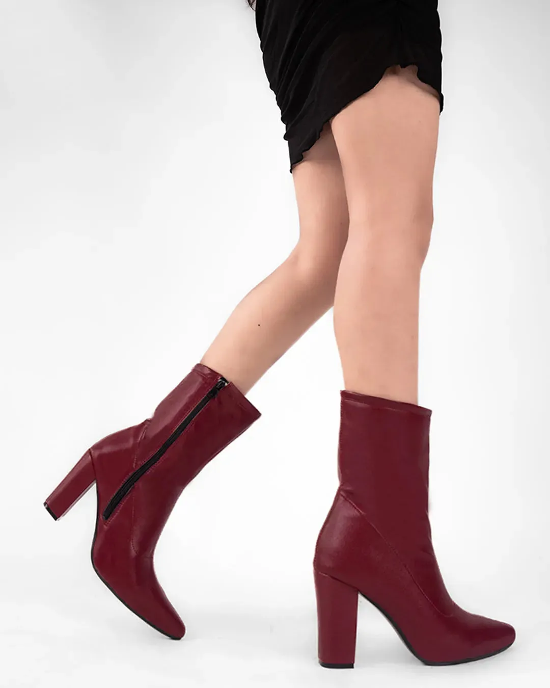 Ankle Boots High Chunky Block Heel Mid Calf Boots In Burgundy