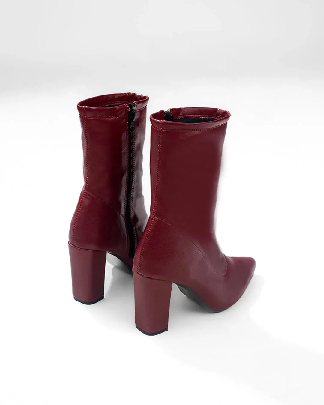 Ankle Boots High Chunky Block Heel Mid Calf Boots In Burgundy