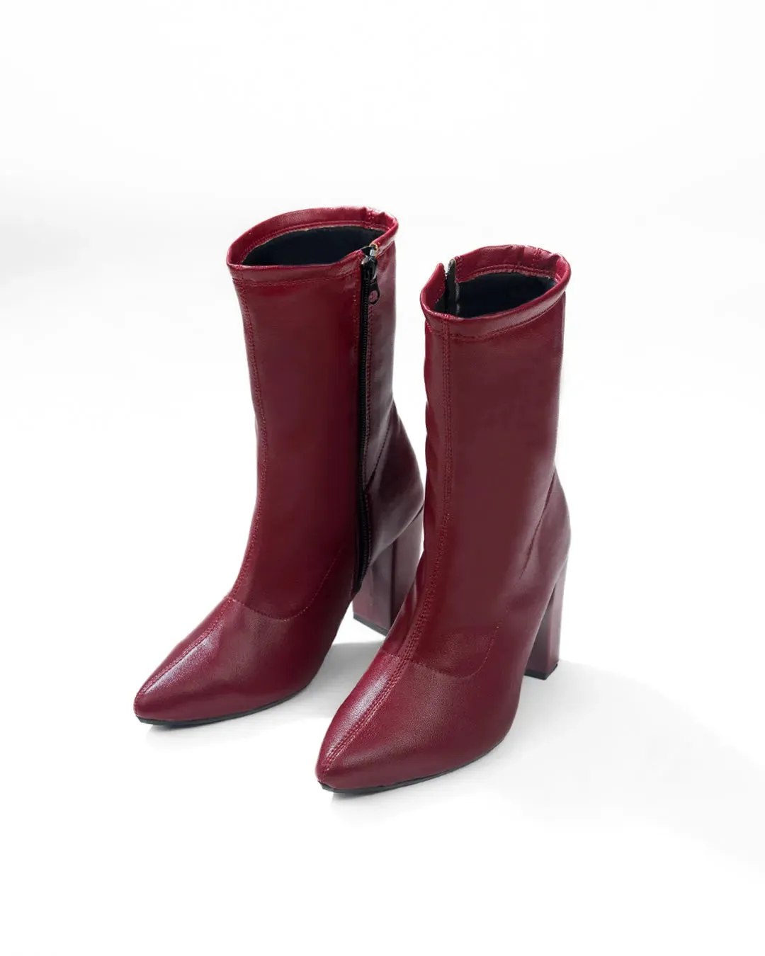 Ankle Boots High Chunky Block Heel Mid Calf Boots In Burgundy