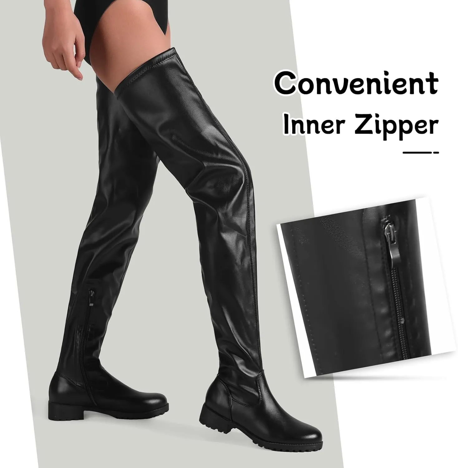 Black Thigh High Boots for Women - Trendy Over the Knee High Boots with Inner Zipper Long Calf Fashion Skinny Punk Boot Knight Style for Party Prom