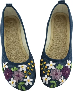 Cloth Shoes Women's Single Shoes Ribbon Linen Breathable Embroidery Women's Single Ballet Flat Shoes for Women Size 11