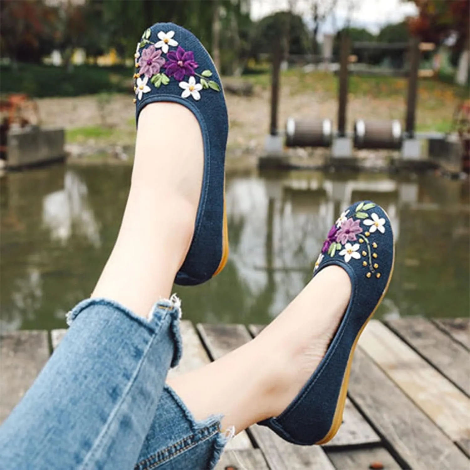 Cloth Shoes Women's Single Shoes Ribbon Linen Breathable Embroidery Women's Single Ballet Flat Shoes for Women Size 11