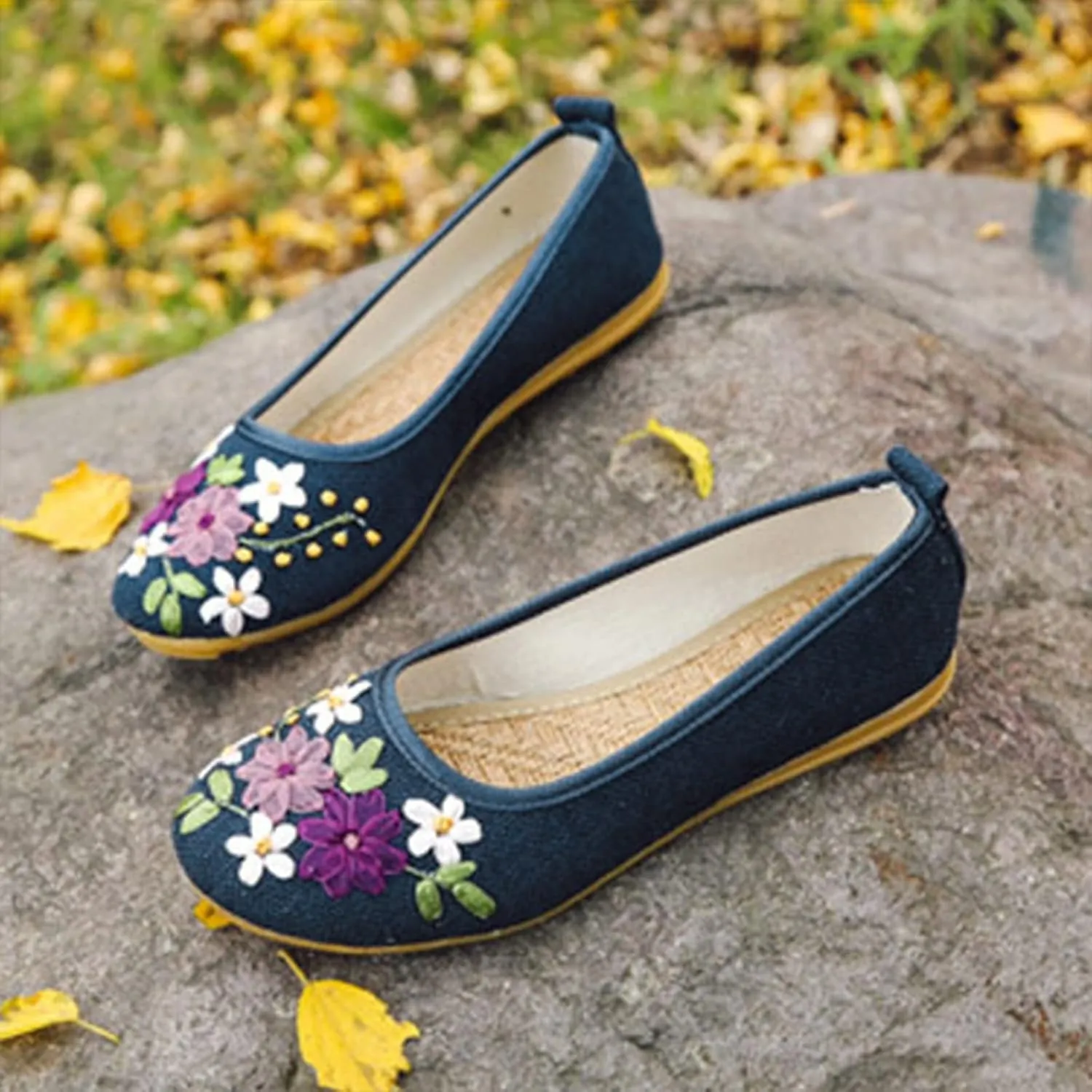Cloth Shoes Women's Single Shoes Ribbon Linen Breathable Embroidery Women's Single Ballet Flat Shoes for Women Size 11