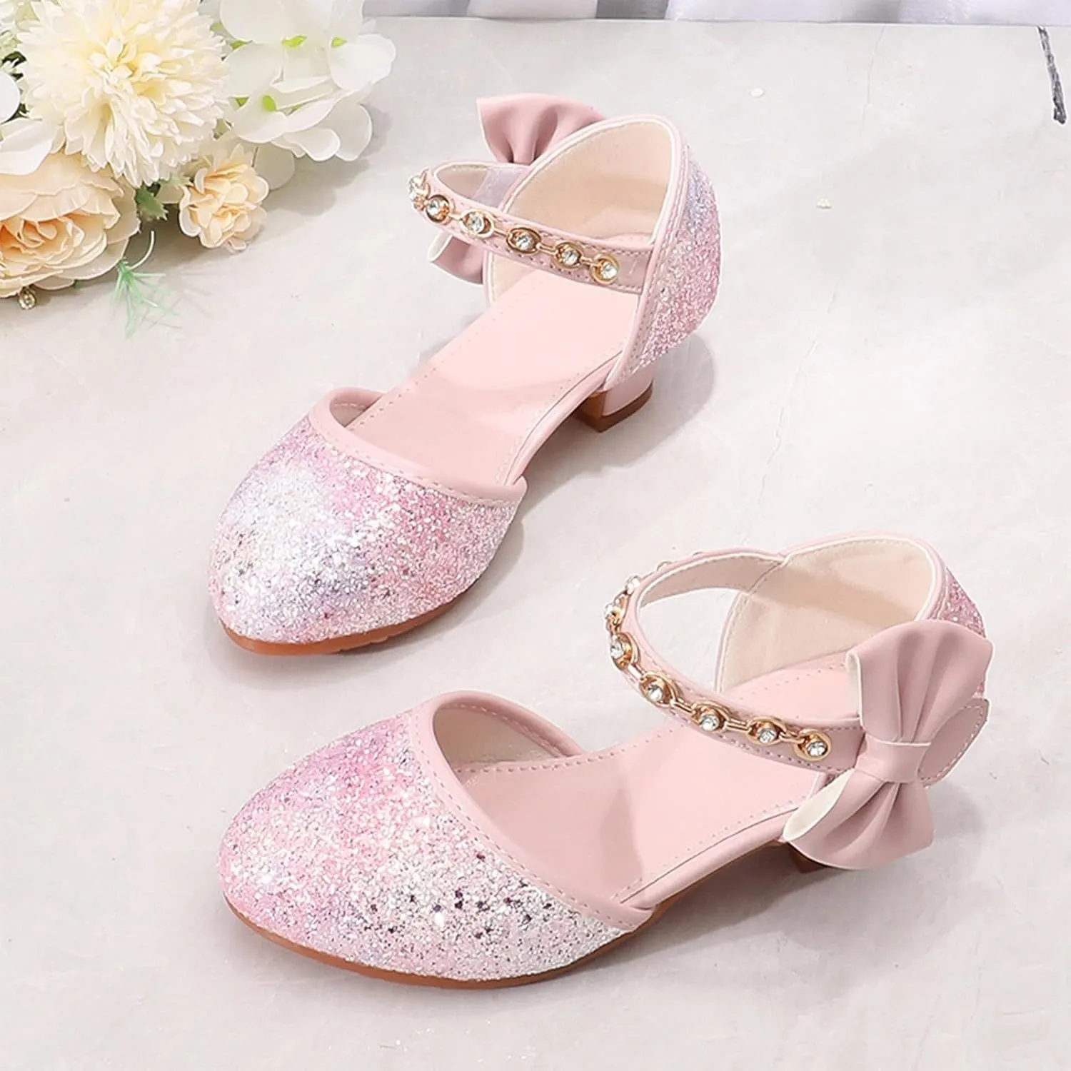 Comfortable Slip-On Kids Sandals Girls Sandals High Heels Rhinestone Bow Princess Model Show Crystal Shoes Flower Girl Shoes