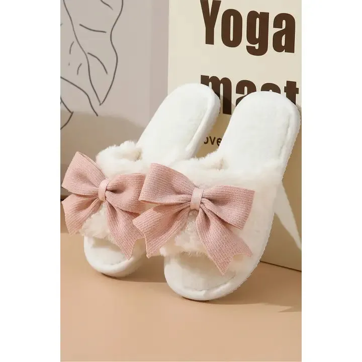 Coquette Bow Knot Decor Open Toe Plush Slippers