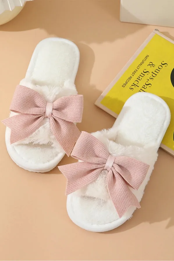 Coquette Bow Knot Decor Open Toe Plush Slippers