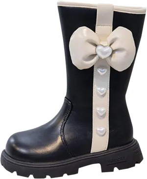 Cute Bowknot Mid Calf Riding Boots for Girls Kids Waterroof Non Slip Outdoor Sweet Leather Princess Dress Shoes