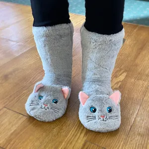 Fuzzy, Cozy, Warm Gray Cat/Kitty Slippers - Plush Slipper Socks (Adult)