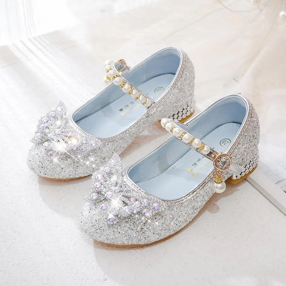 Girls Sparkly Low Heel Dress Shoes Glitter Flower Mary Jane Princess Shoe Party Wedding Prom Footwear for Toddler/Little Kids