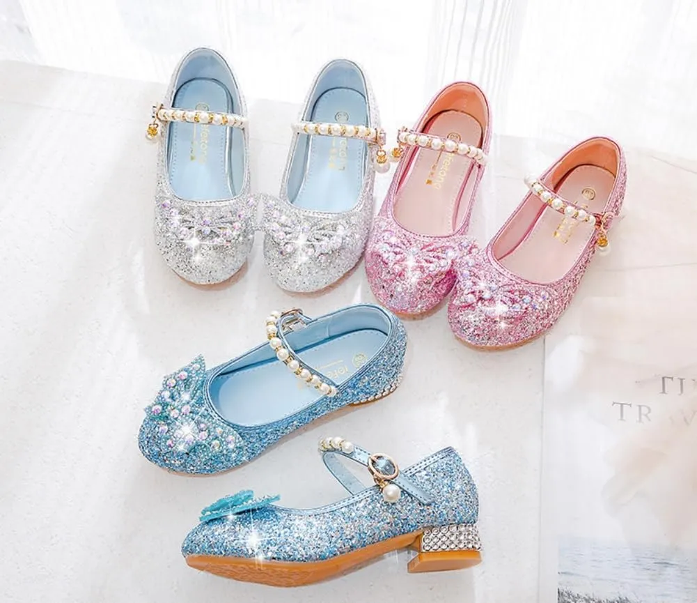 Girls Sparkly Low Heel Dress Shoes Glitter Flower Mary Jane Princess Shoe Party Wedding Prom Footwear for Toddler/Little Kids