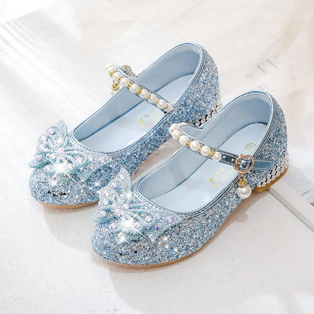 Girls Sparkly Low Heel Dress Shoes Glitter Flower Mary Jane Princess Shoe Party Wedding Prom Footwear for Toddler/Little Kids