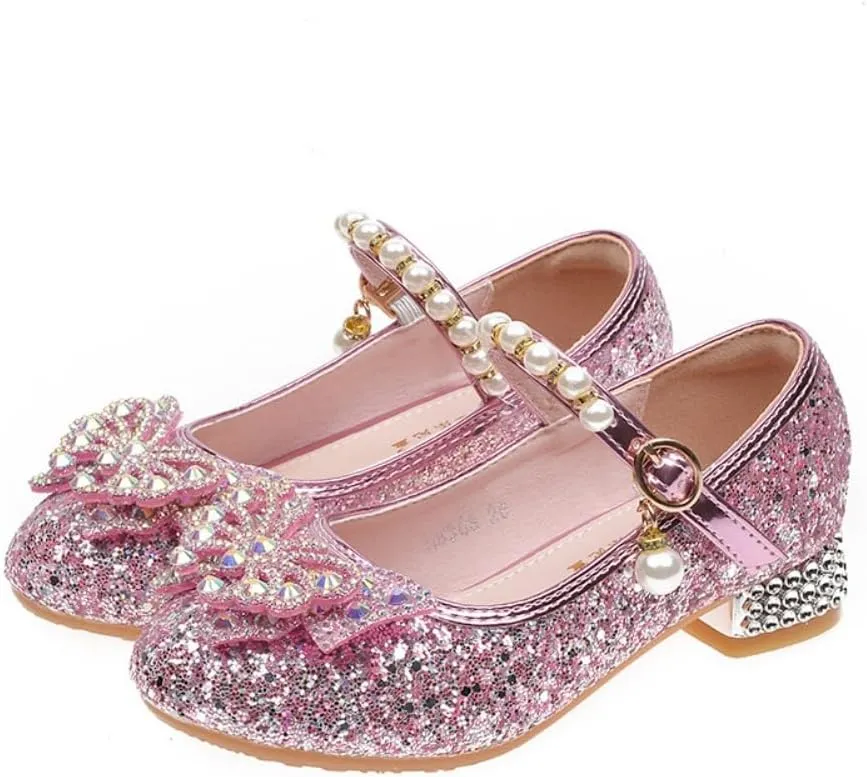 Girls Sparkly Low Heel Dress Shoes Glitter Flower Mary Jane Princess Shoe Party Wedding Prom Footwear for Toddler/Little Kids