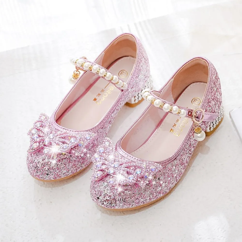 Girls Sparkly Low Heel Dress Shoes Glitter Flower Mary Jane Princess Shoe Party Wedding Prom Footwear for Toddler/Little Kids