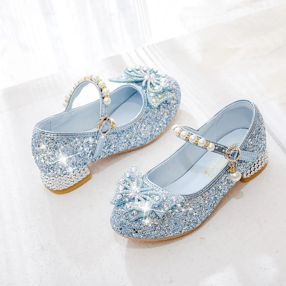 Girls Sparkly Low Heel Dress Shoes Glitter Flower Mary Jane Princess Shoe Party Wedding Prom Footwear for Toddler/Little Kids