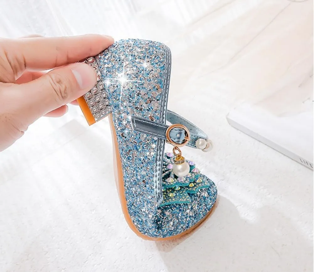 Girls Sparkly Low Heel Dress Shoes Glitter Flower Mary Jane Princess Shoe Party Wedding Prom Footwear for Toddler/Little Kids