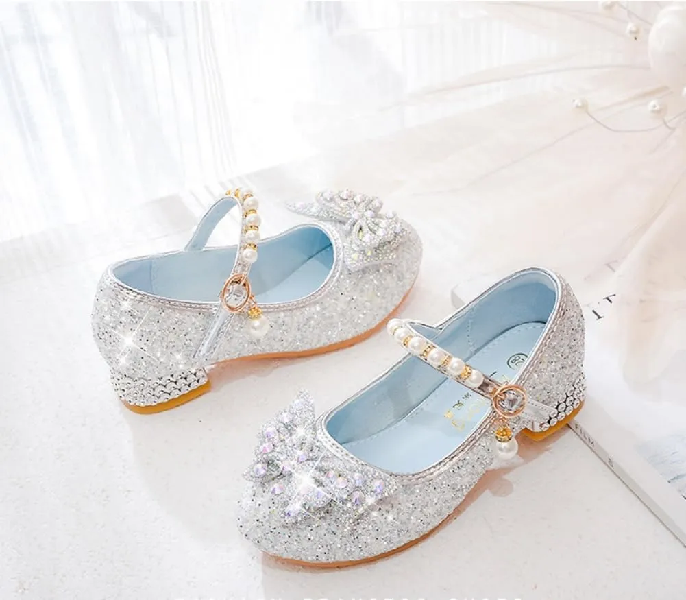 Girls Sparkly Low Heel Dress Shoes Glitter Flower Mary Jane Princess Shoe Party Wedding Prom Footwear for Toddler/Little Kids