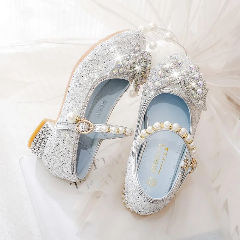 Girls Sparkly Low Heel Dress Shoes Glitter Flower Mary Jane Princess Shoe Party Wedding Prom Footwear for Toddler/Little Kids