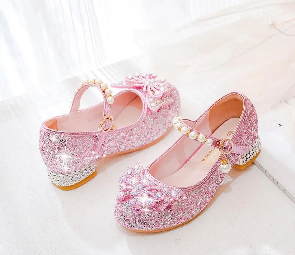 Girls Sparkly Low Heel Dress Shoes Glitter Flower Mary Jane Princess Shoe Party Wedding Prom Footwear for Toddler/Little Kids