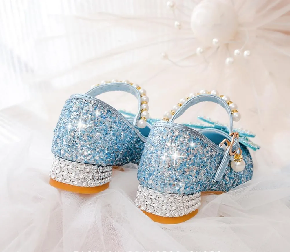 Girls Sparkly Low Heel Dress Shoes Glitter Flower Mary Jane Princess Shoe Party Wedding Prom Footwear for Toddler/Little Kids