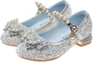 Girls Sparkly Low Heel Dress Shoes Glitter Flower Mary Jane Princess Shoe Party Wedding Prom Footwear for Toddler/Little Kids