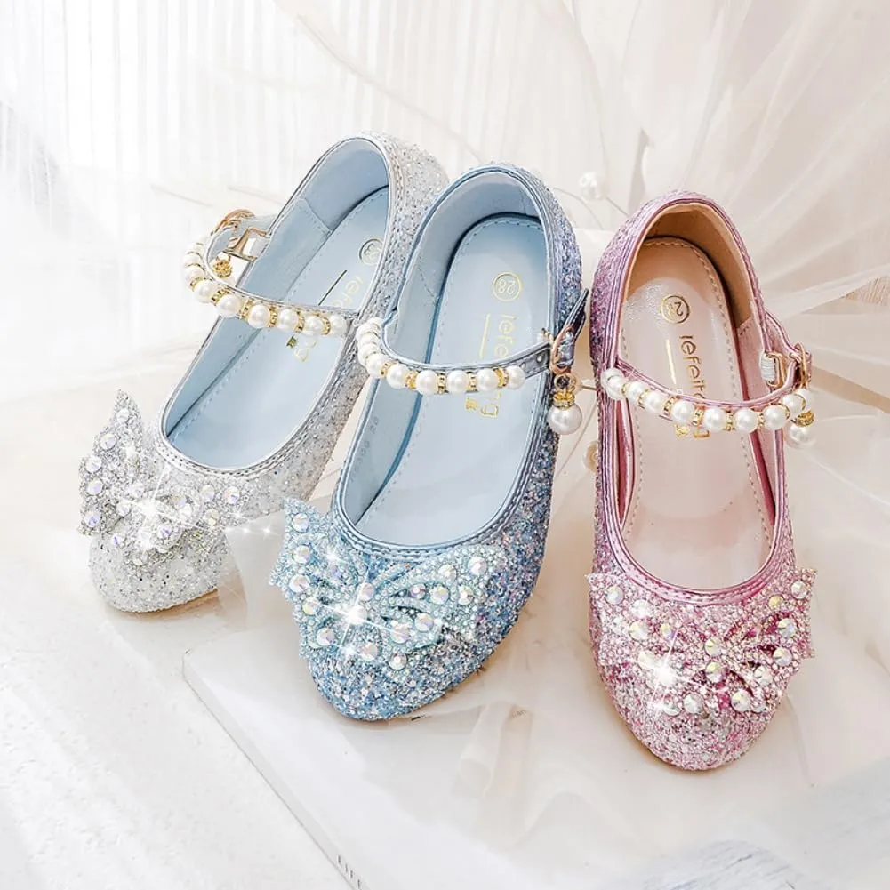 Girls Sparkly Low Heel Dress Shoes Glitter Flower Mary Jane Princess Shoe Party Wedding Prom Footwear for Toddler/Little Kids