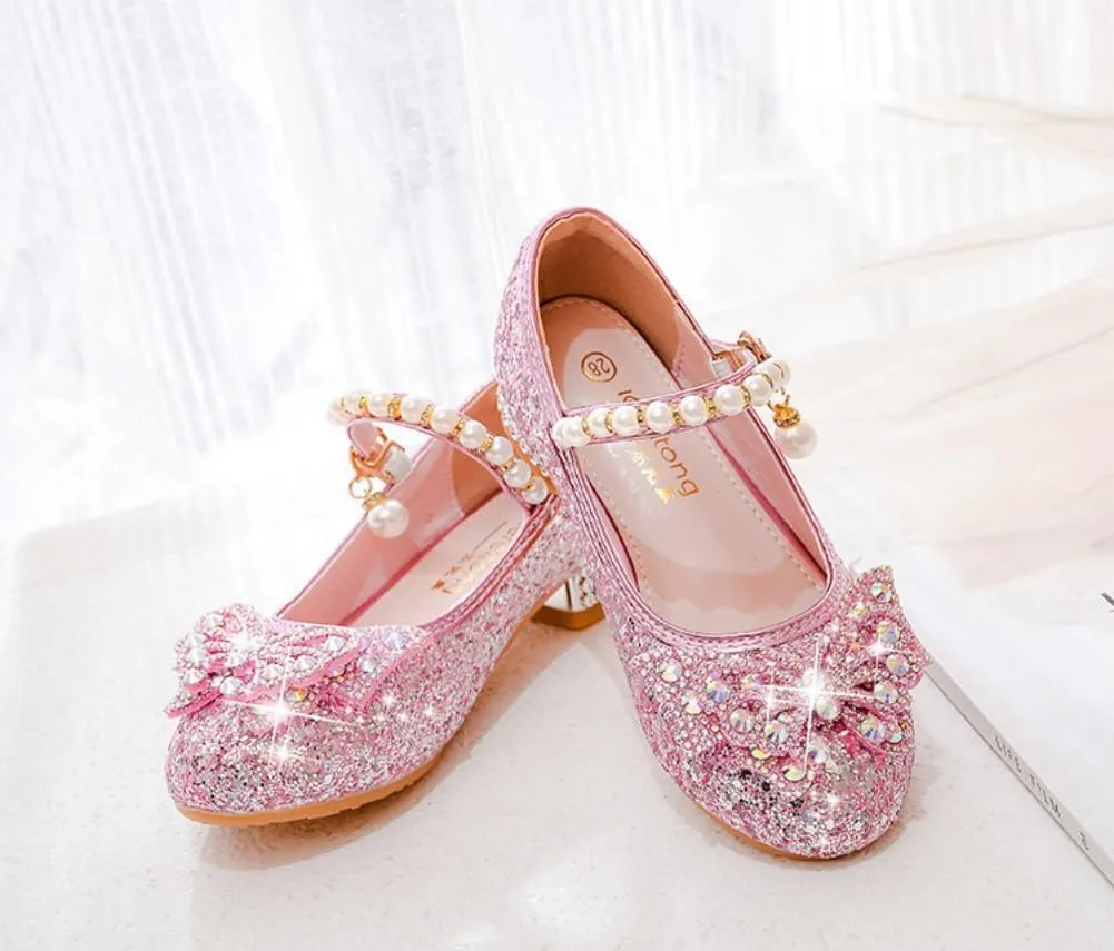 Girls Sparkly Low Heel Dress Shoes Glitter Flower Mary Jane Princess Shoe Party Wedding Prom Footwear for Toddler/Little Kids