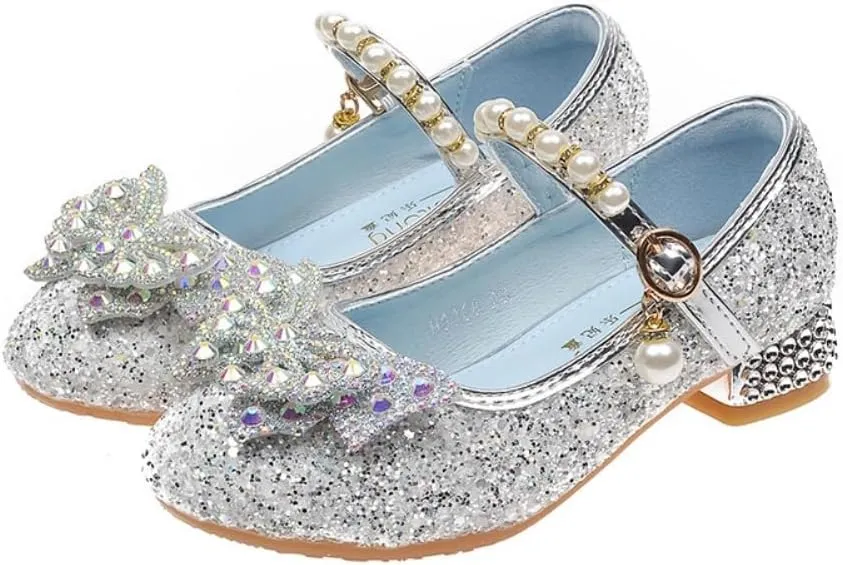 Girls Sparkly Low Heel Dress Shoes Glitter Flower Mary Jane Princess Shoe Party Wedding Prom Footwear for Toddler/Little Kids