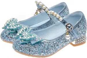 Girls Sparkly Low Heel Dress Shoes Glitter Flower Mary Jane Princess Shoe Party Wedding Prom Footwear for Toddler/Little Kids