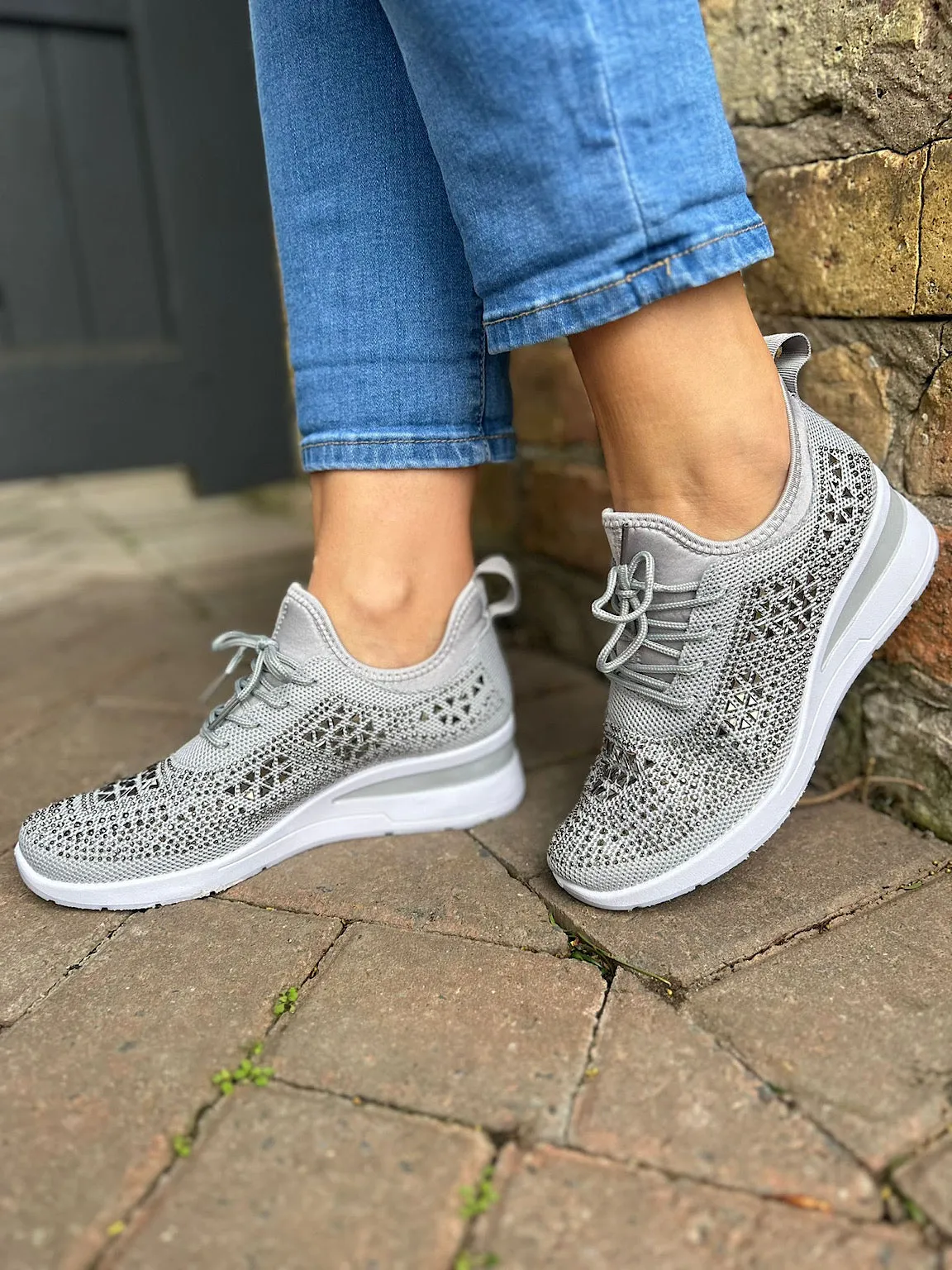 Grey Embellished Wedge Trainer