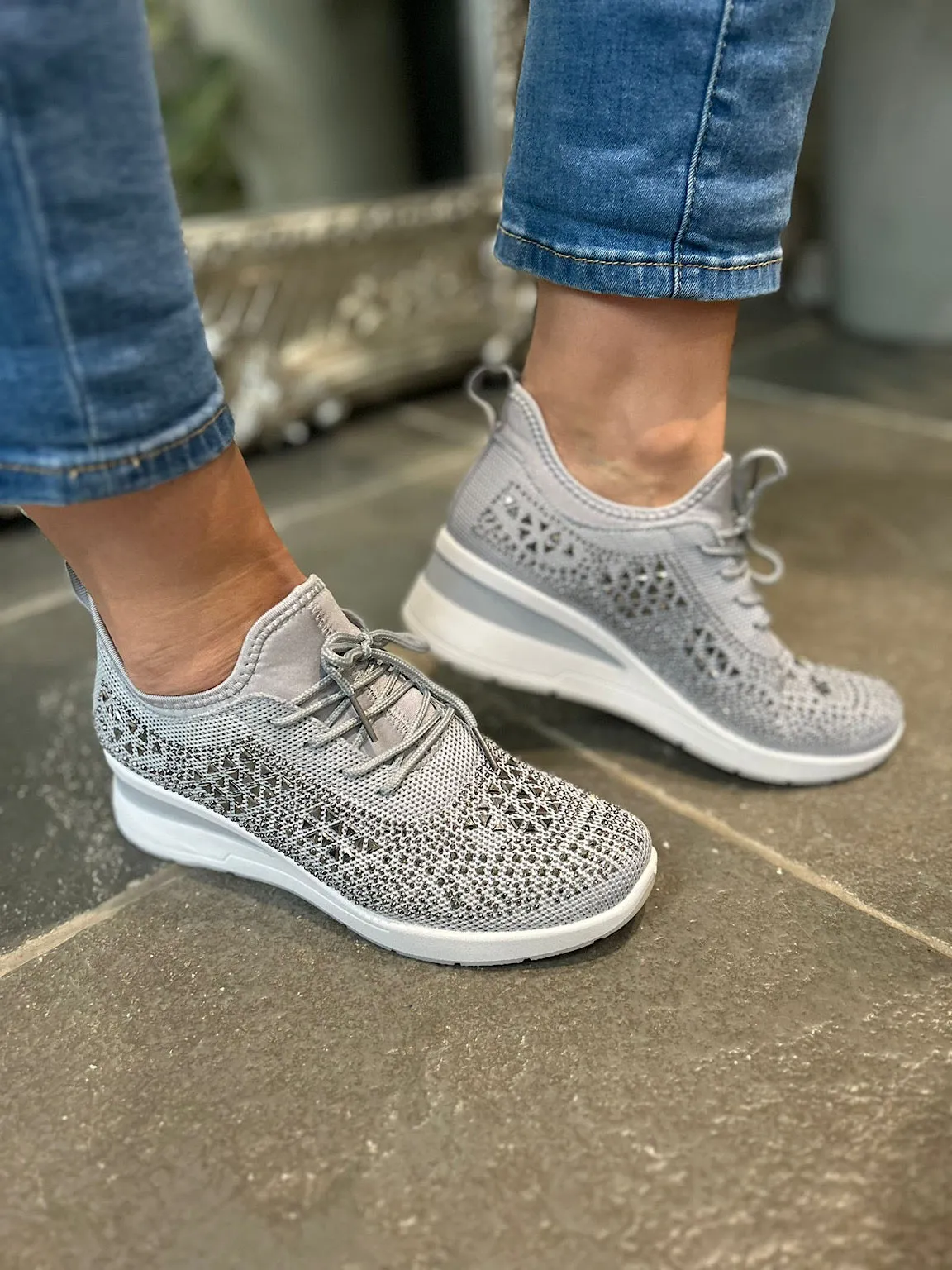 Grey Embellished Wedge Trainer