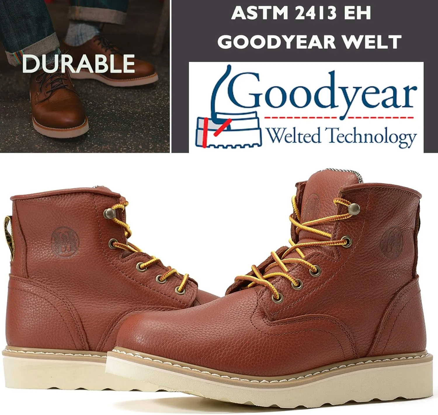 HANDPOINT Work Boots for Men - 6 Inch Soft Toe Boot, Non-Slip Anti-Fatigue Wedge Sole Shoes, Water Resistant EH Safety Boots