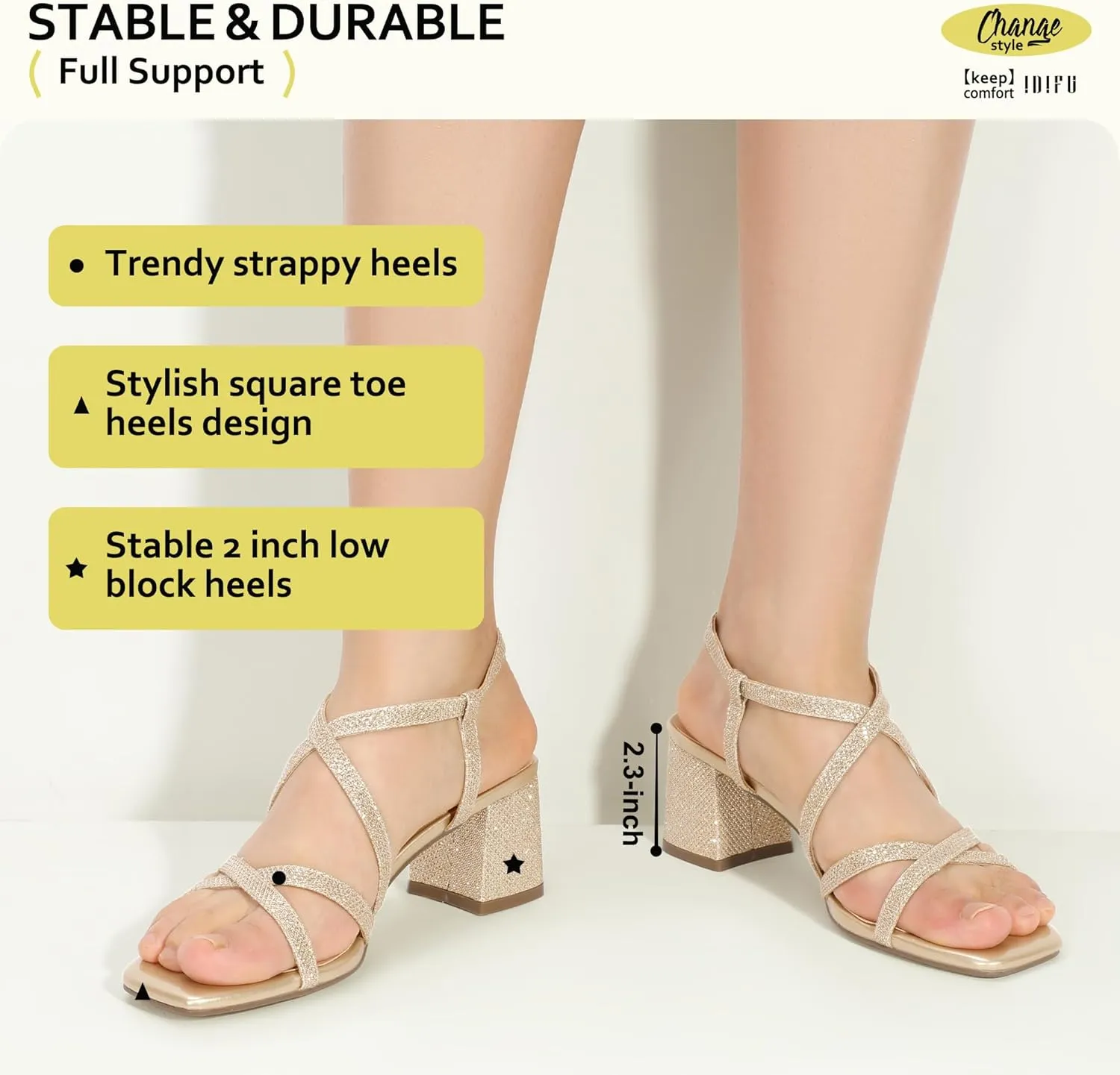 IDIFU IN2 Strappy Heels Chunky Block Square Toe Wedding Prom Bride Bridal Dance Party Dress Shoes for Women Trendy Comfortable Dressy Cute Casual Summer Heeled Sandals Slingback Low Short Heels