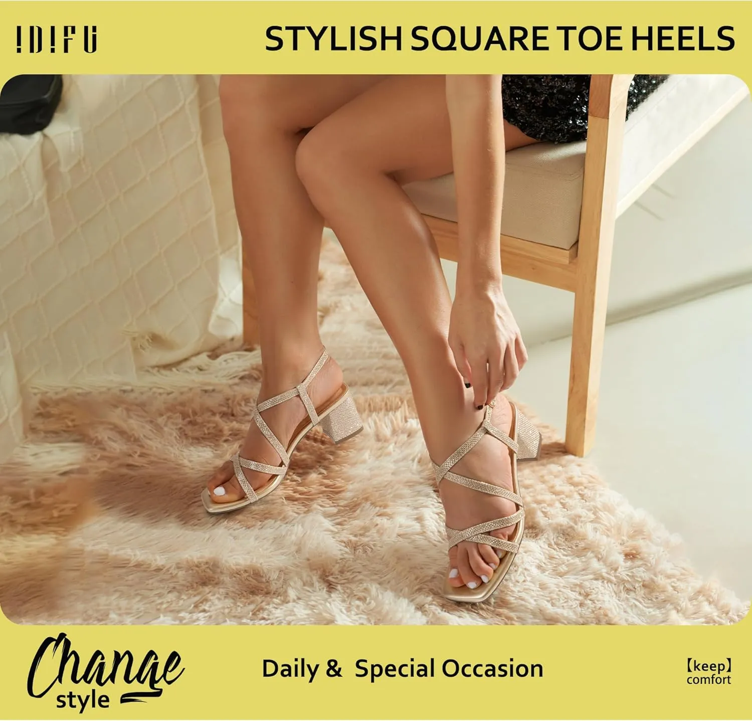 IDIFU IN2 Strappy Heels Chunky Block Square Toe Wedding Prom Bride Bridal Dance Party Dress Shoes for Women Trendy Comfortable Dressy Cute Casual Summer Heeled Sandals Slingback Low Short Heels