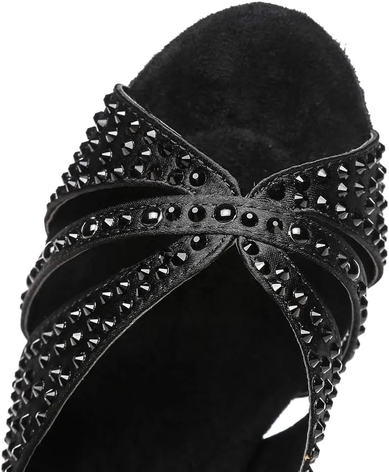 JUODVMP Women Rhinestone Ballroom Dance Shoes Latin Satin Salsa Performance Dance Shoes Model YCL428