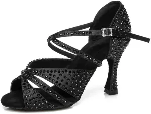 JUODVMP Women Rhinestone Ballroom Dance Shoes Latin Satin Salsa Performance Dance Shoes Model YCL428