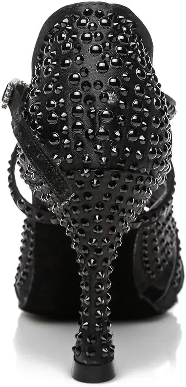JUODVMP Women Rhinestone Ballroom Dance Shoes Latin Satin Salsa Performance Dance Shoes Model YCL428