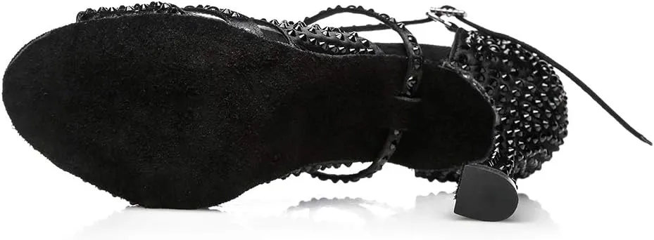 JUODVMP Women Rhinestone Ballroom Dance Shoes Latin Satin Salsa Performance Dance Shoes Model YCL428