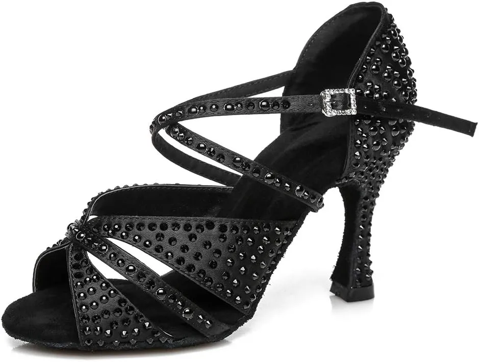 JUODVMP Women Rhinestone Ballroom Dance Shoes Latin Satin Salsa Performance Dance Shoes Model YCL428