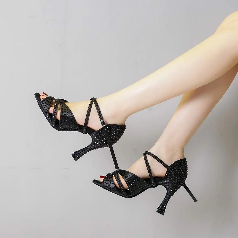 JUODVMP Women Rhinestone Ballroom Dance Shoes Latin Satin Salsa Performance Dance Shoes Model YCL428