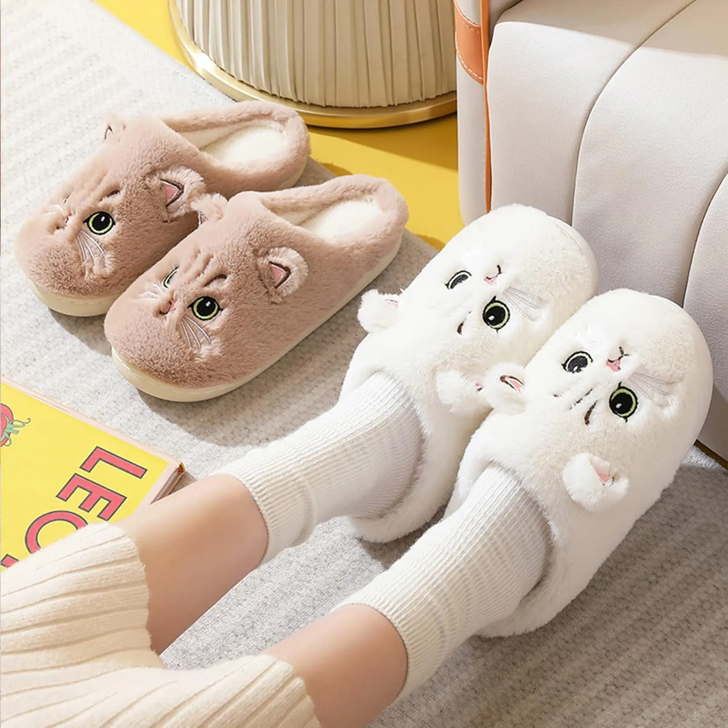 LAVAU Cute Cat Slippers for Women, Fuzzy Fluffy Faux Fur Animal House Slides for Indoor and Outdoor Shoes
