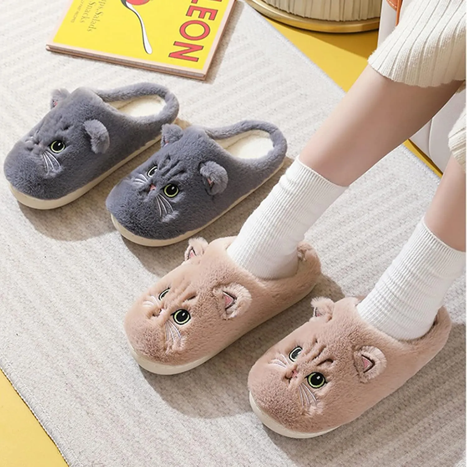LAVAU Cute Cat Slippers for Women, Fuzzy Fluffy Faux Fur Animal House Slides for Indoor and Outdoor Shoes
