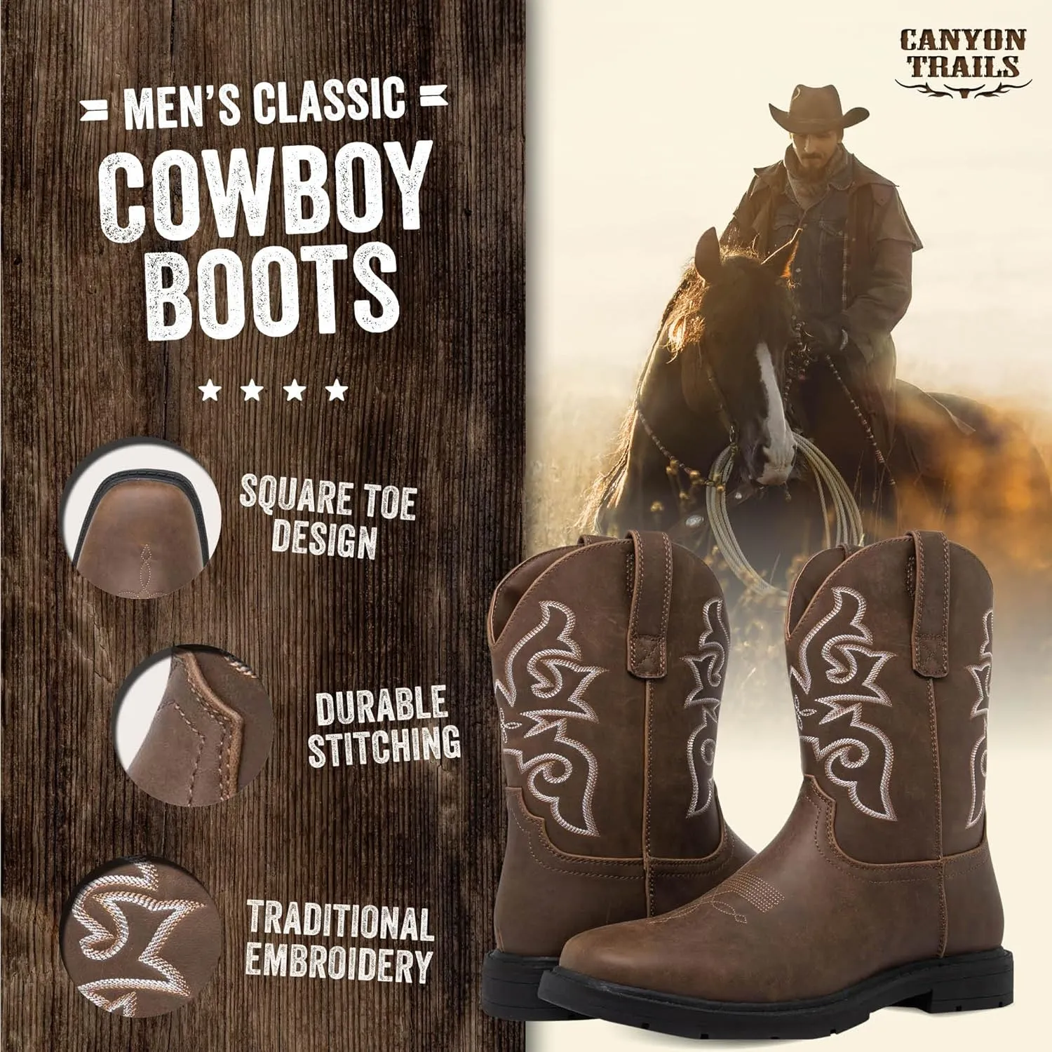 Mens Cowboy Boots - Square Toe Western Boots