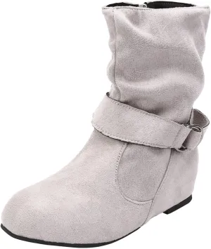 Mid Calf Boots for Women Slouchy Faux Suede Flat Boots Ankle Boots Buckle Zipper Flat Heel Boot Shoes