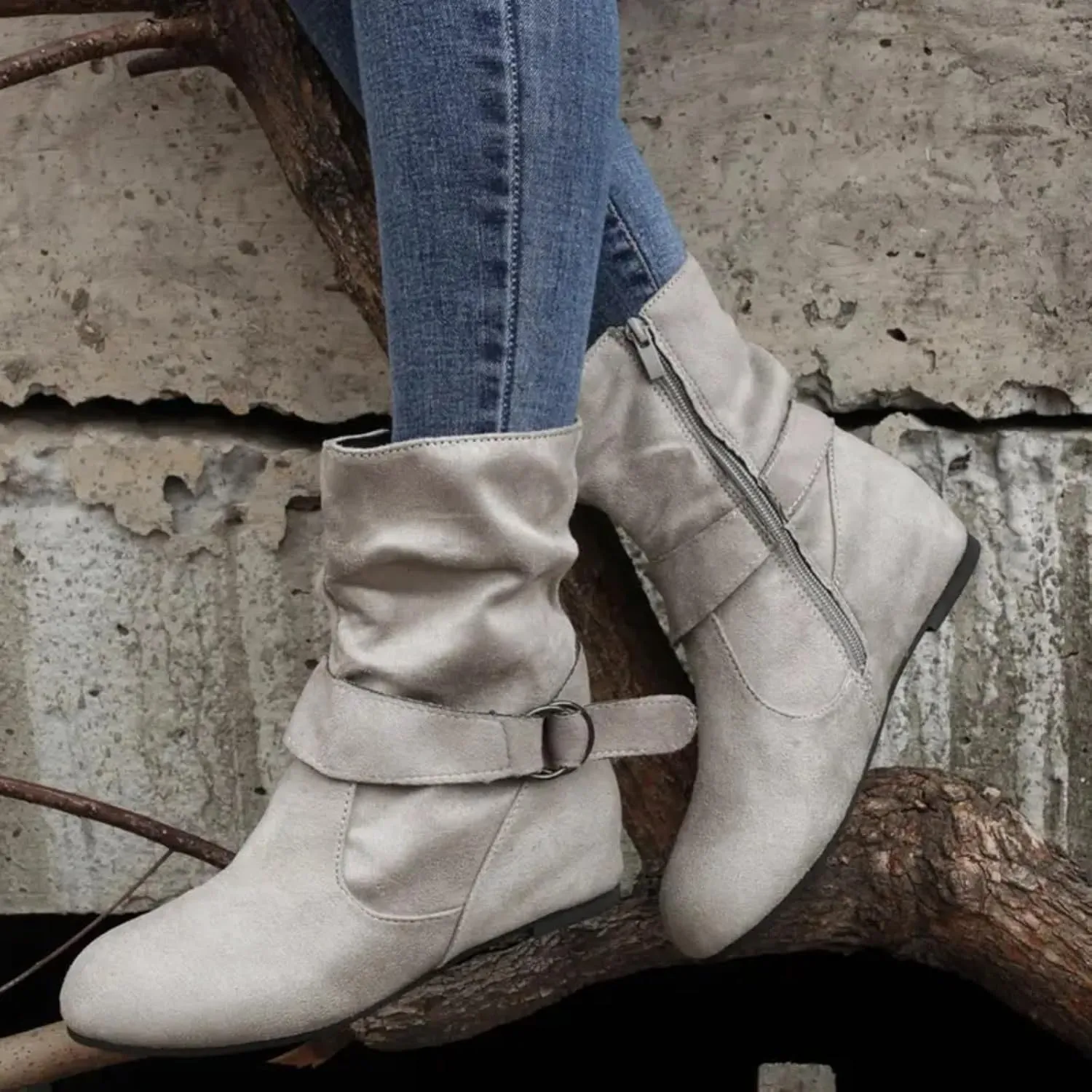 Mid Calf Boots for Women Slouchy Faux Suede Flat Boots Ankle Boots Buckle Zipper Flat Heel Boot Shoes