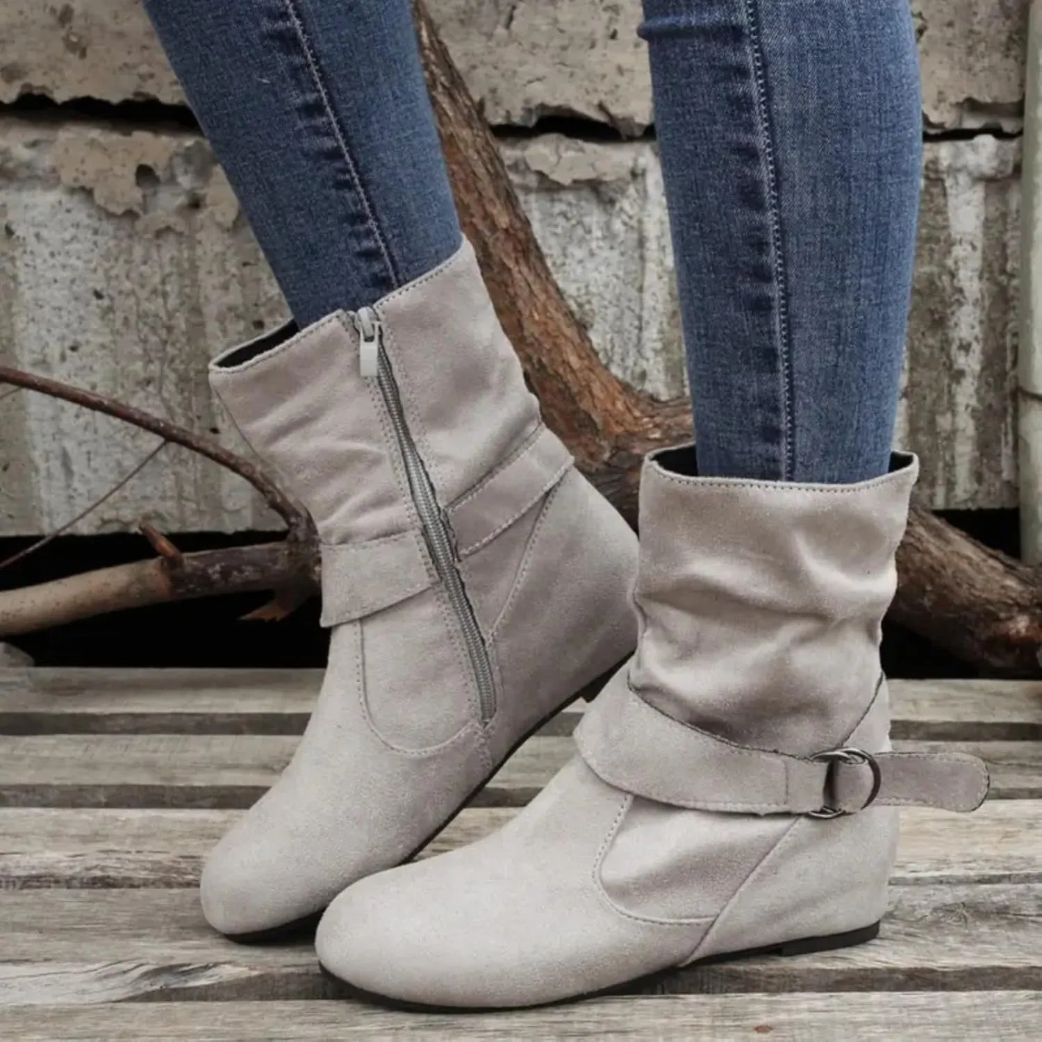 Mid Calf Boots for Women Slouchy Faux Suede Flat Boots Ankle Boots Buckle Zipper Flat Heel Boot Shoes